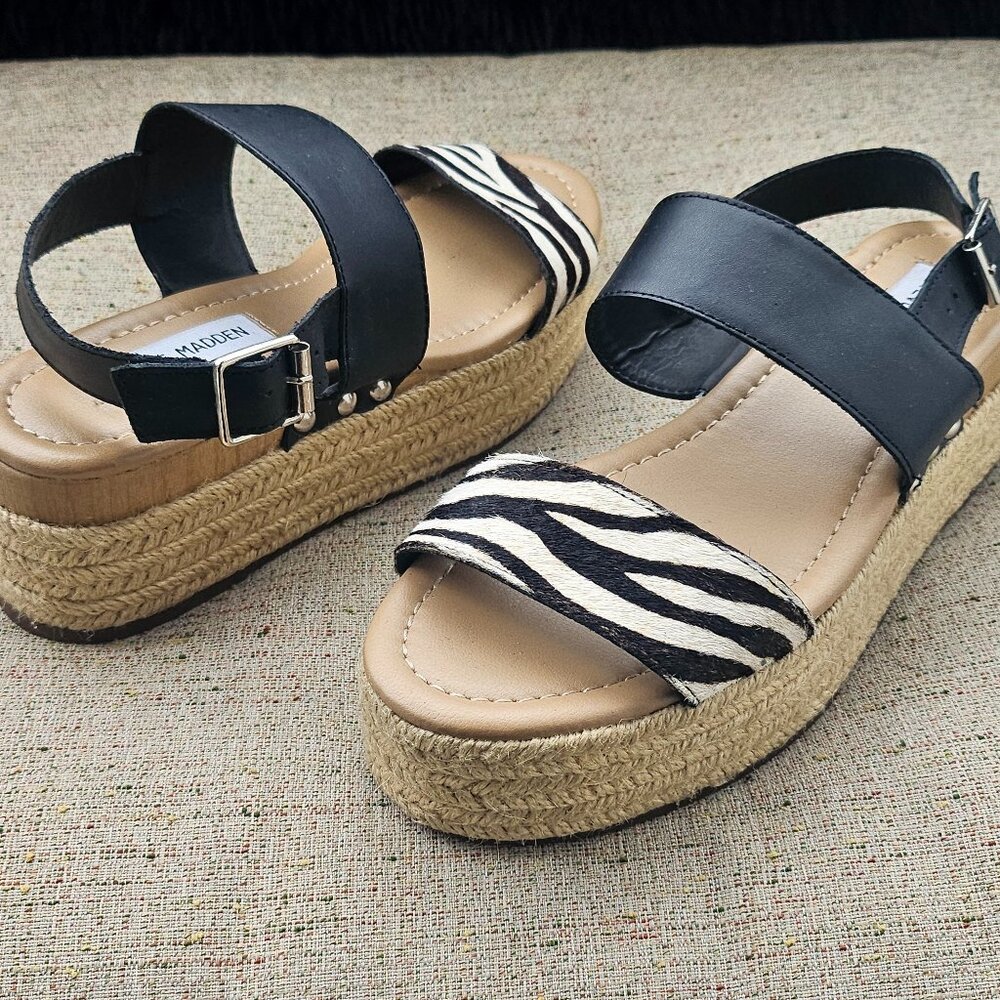 Steve Madden Women Platform Zebra Print Buckle Leather Hemp Sandals 8M